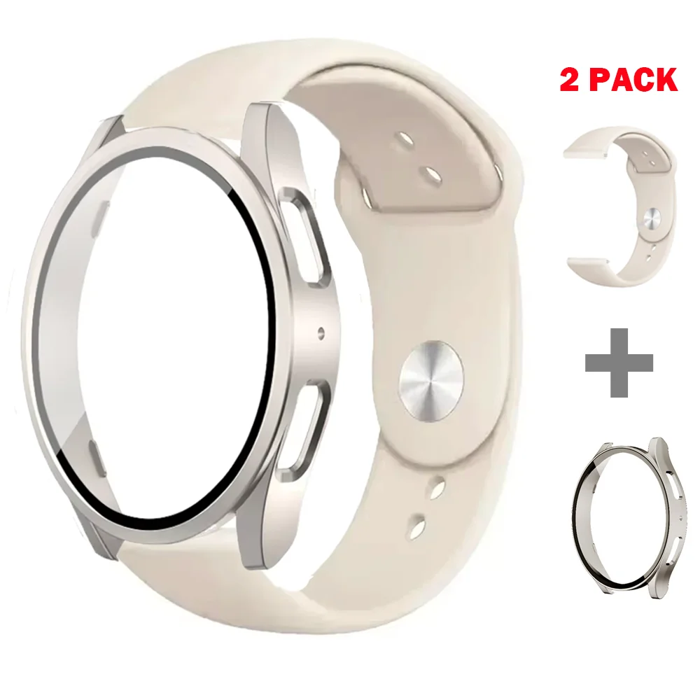 Tempered Glass+Case+Strap For Samsung Galaxy Watch 7 6 4 5 40mm 44mm Silicone band+Screen Protector 2 pack watch Accessories