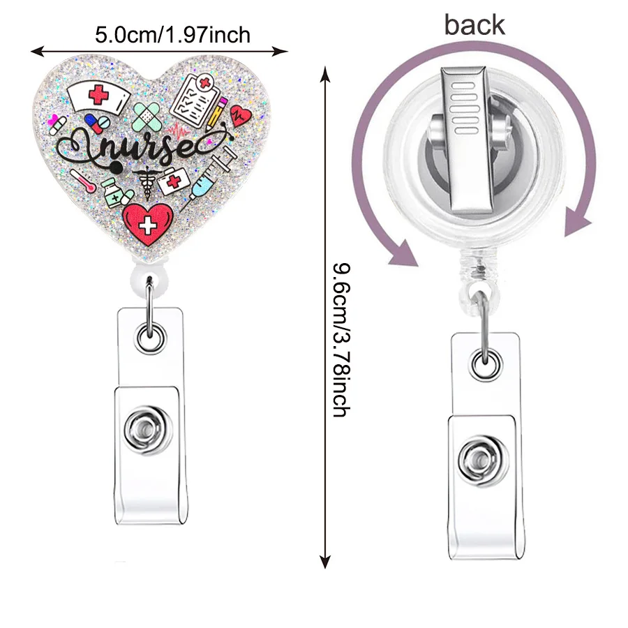 2025 New Design 1 Piece Glitter Acrylic Retractable Nurse Badge Reel Love Heart Anime Name Tag ID Card Holder Alligator Clip