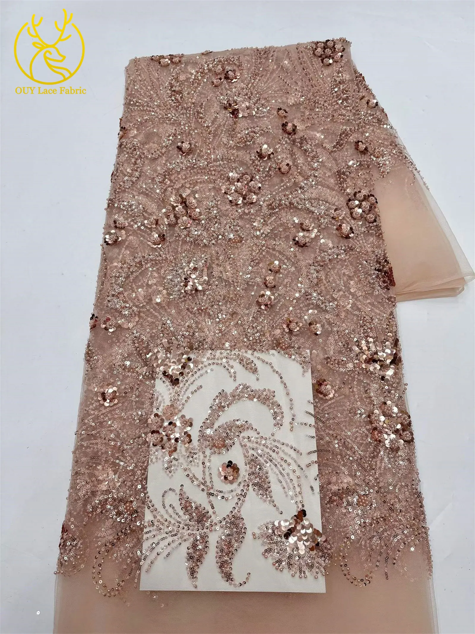 Eleganter 5-Yard-Paillettenstoff mit Kleinen Blumen, Afrikanischer Perlen-Pailletten-Spitzenstoff, Nigerianischer Luxuriöser Pailletten-Netzstoff für Kleider und Näharbeiten – Detail 25