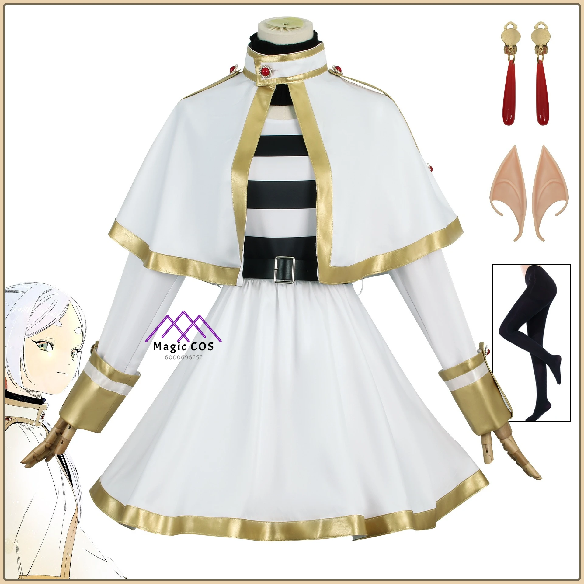 

Frieren Cosplay Costume White Robe +Wig+Elf Ears +Crescent Grass Necklace Full Set High Quality Anime Outfit for Comic Con Party