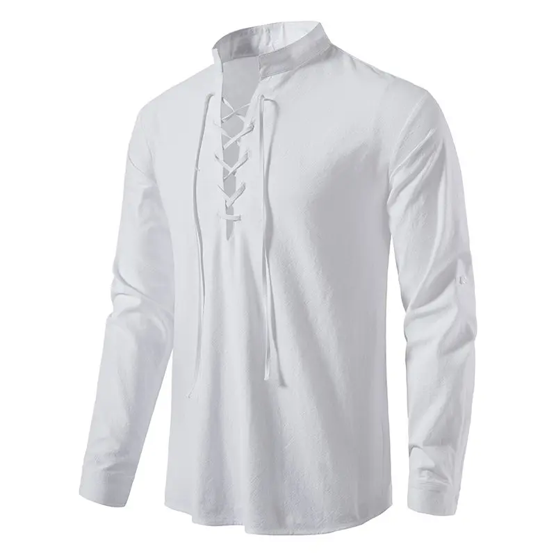 2024 Men\'s Renaissance Shirt Long Sleeve Medieval Retro Lace Up Shirt Men Linen Pirate Costume