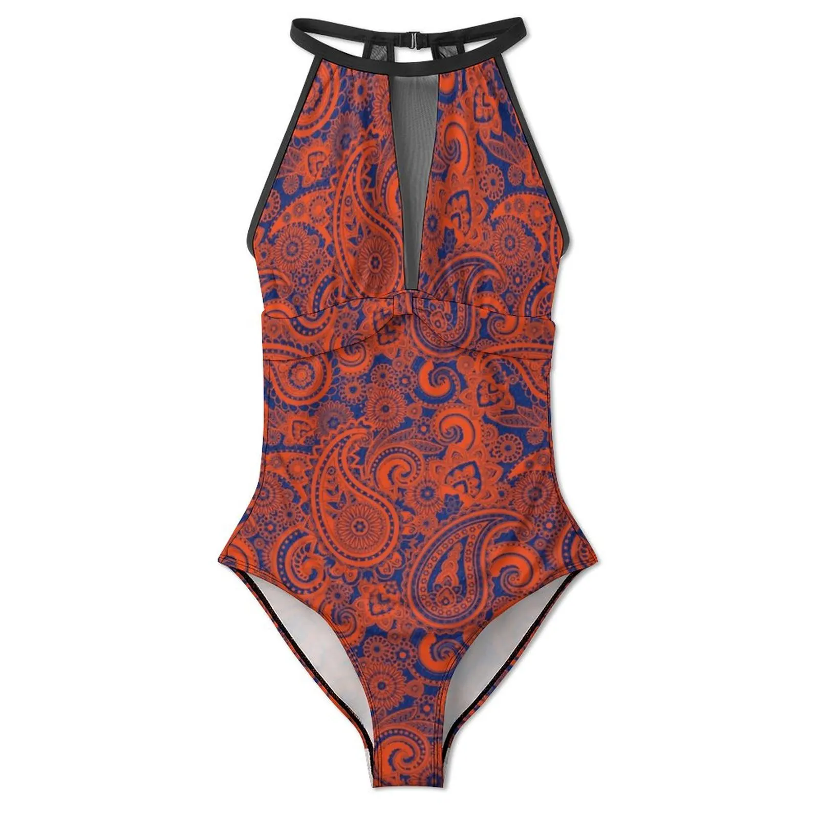 Maillot de bain une pièce imprimé cachemire, bleu et orange, push up, fitness, monokini, batterie, sexy, vêtements de plage, grande taille