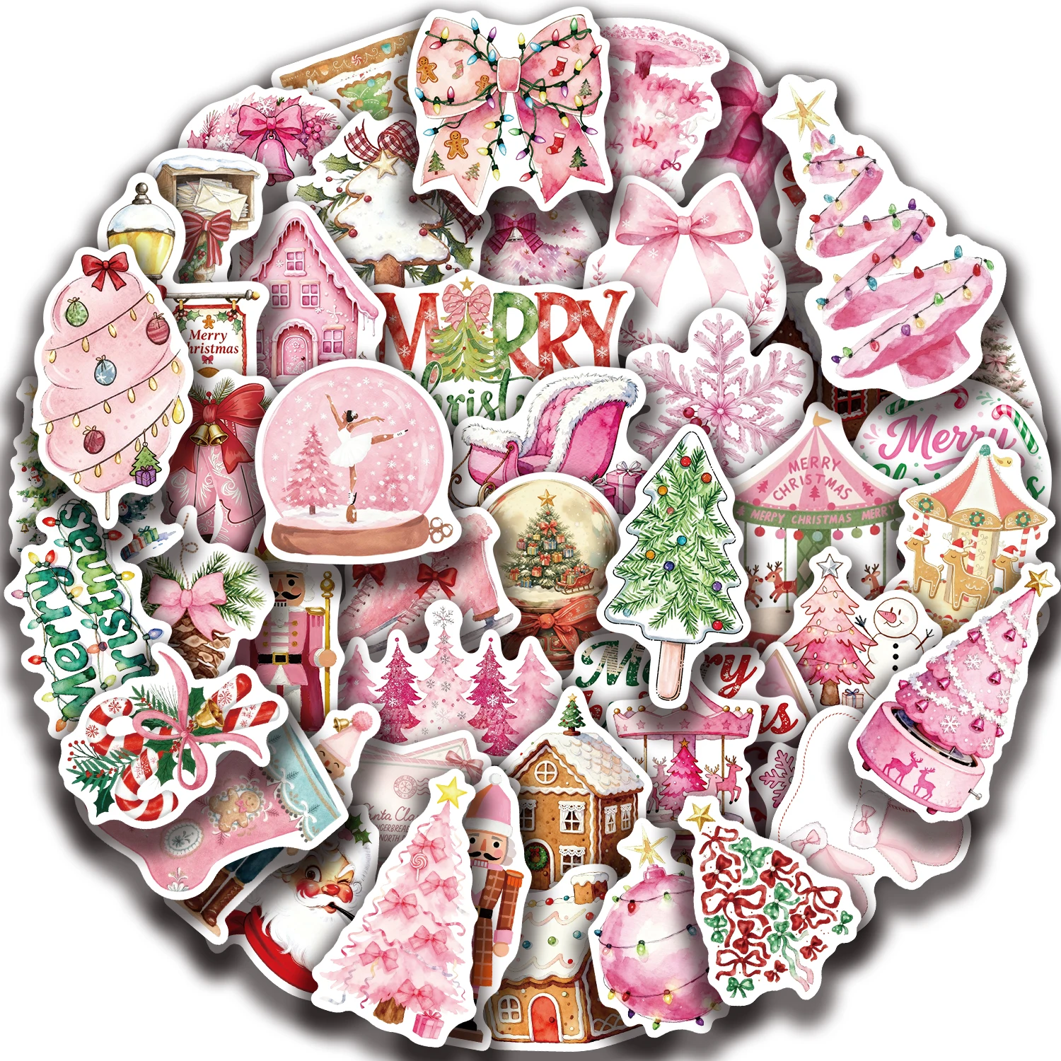 50PCS Rosa Weihnachten Aufkleber Cartoon Schmetterling Glocke Wasserdichte PVC Aufkleber für Telefon Laptop Gitarre Wasser Tasse