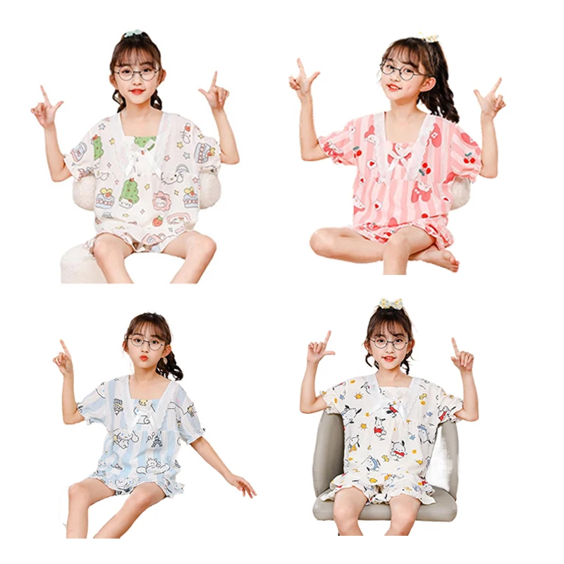 Sanrios Hellokitty Cinnamoroll Kuromi My Melody Pajamas Set Anime Kawaii Summer Loose Fitting Leisure Lace Short Sleeve Shorts