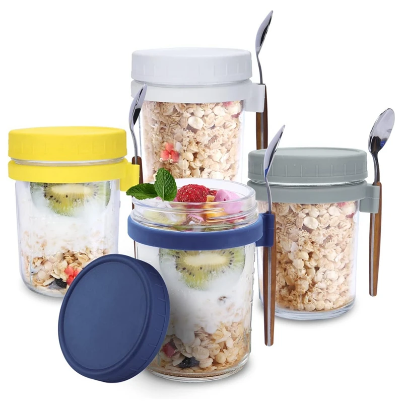 4Pack Overnight Oats Jar Glass With Lids And Spoons, Reusable Glass Overnight Oats Container With Measurement Marks