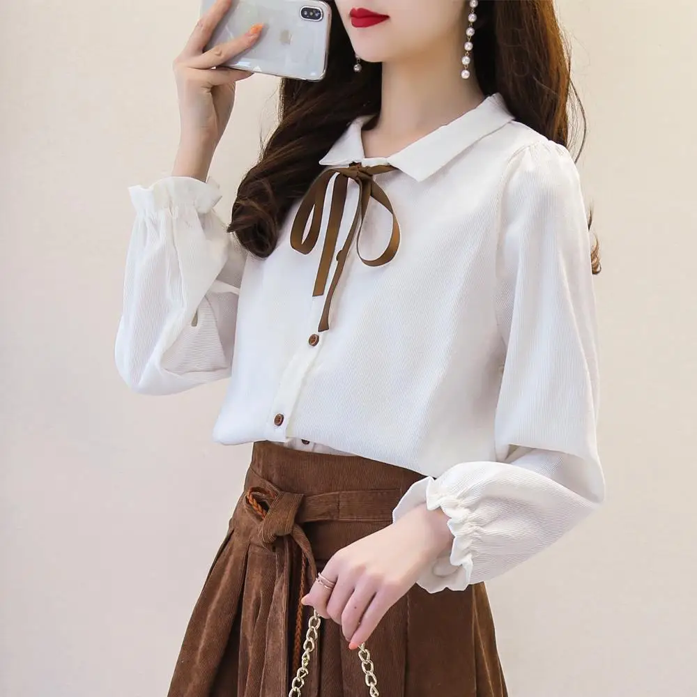 女性のヴィンテージコーデュロイシャツエレガントなターンダウンカラー長袖シャツ綿無地ルーズブラウス女性トップス JJ276