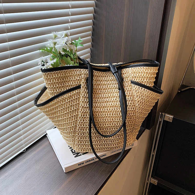 2024 Summer Straw Tote Bag Simple Versatile Large Capacity Hand Woven Shoulder Bag Bohemian Vacation Casual Seaside Beach Bag