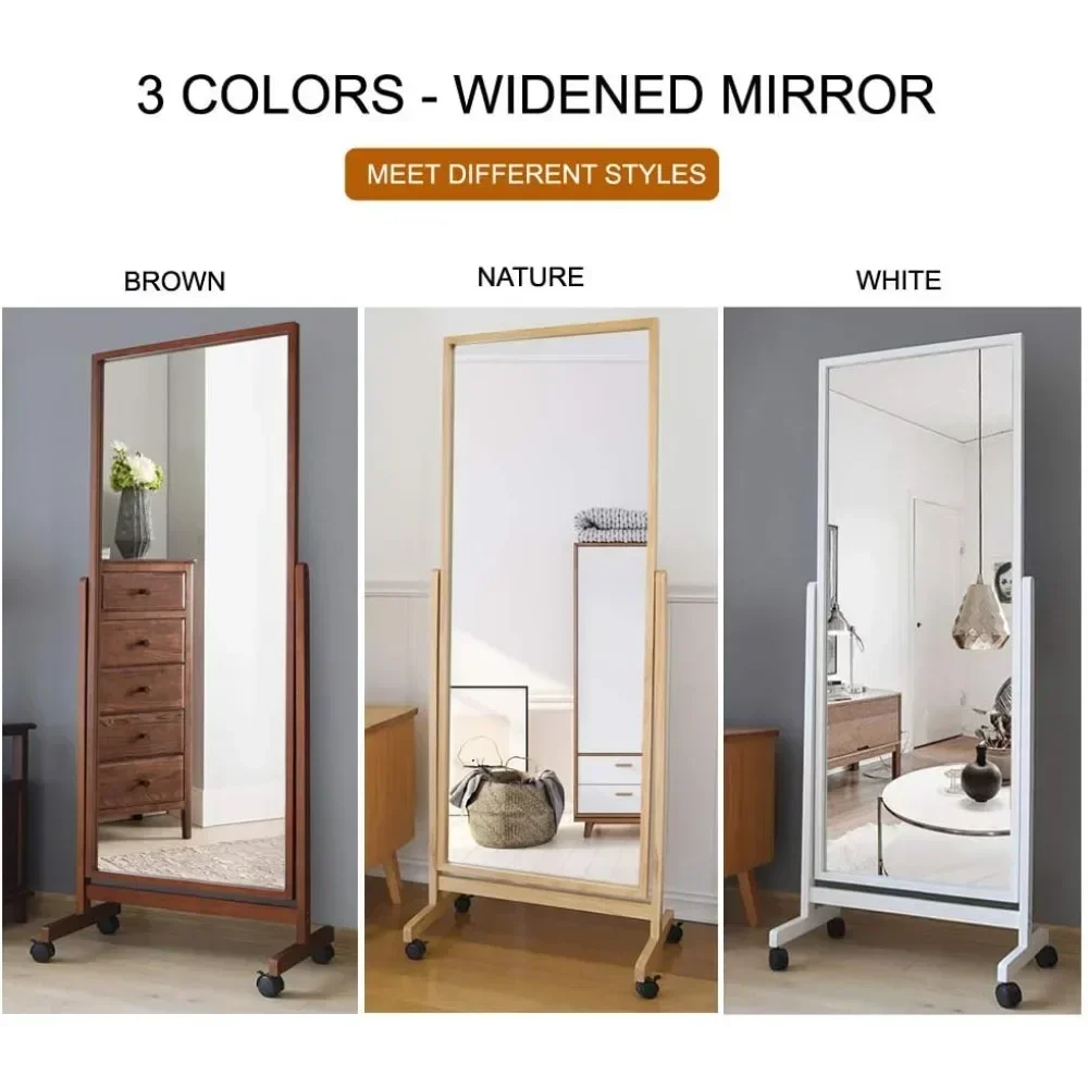 Swivel Adjustable Full Length Mirror on Wheels, Pine Wood Frame Cheval Bedroom Floor Dressing Mirror Body Mirror