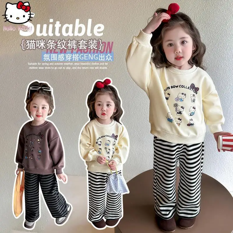 

2Pcs Kawaii Sanrio Girls' Long Sleeved T-Shirt Hello Kitty Children's Autumn New Sportswear Set Fashionable and Sweet Clothing