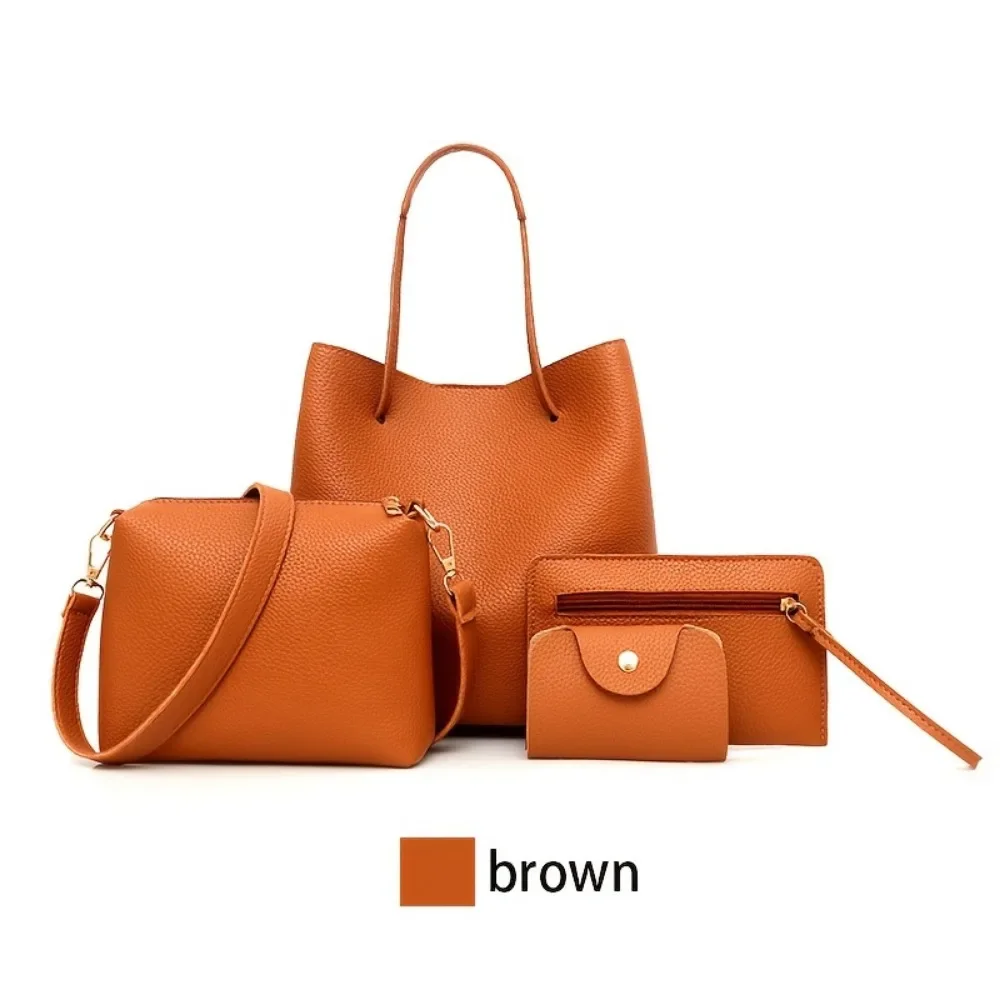 4 Piece Set Large Capacity Leather Handbag Pure Colour Lychee Texture Shoulder Bag Bucket Bag Wallet Handbag