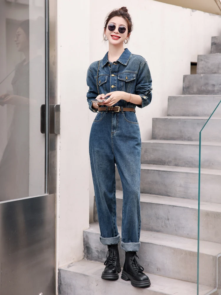 

Ele Faion Slim Fit Denim Overalls Women's Spring Autumn New Sle Waist Cinching Workwear Cotton High Waist