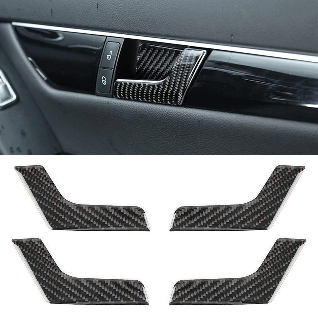 4 PCS Car Door Inner Handle Panel for Mercedes-Benz W204 Carbon Fiber Decoration Frame Cover Interior Mouldings