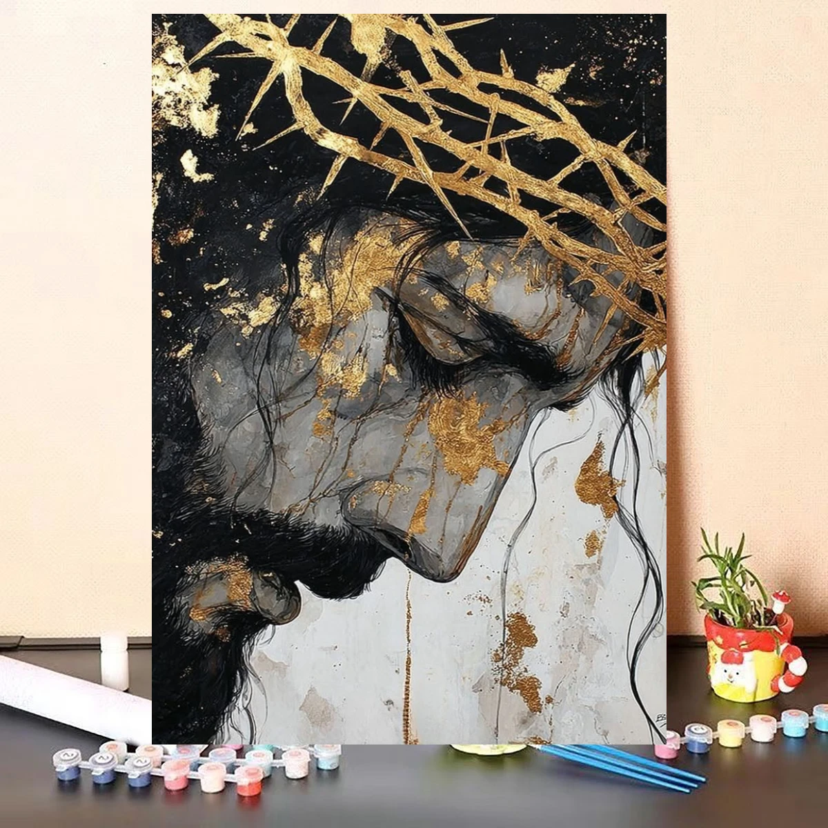 Gold Leaf Crown of Thorns Jesus Religious Portrait Oil Painting By Numbers Wall Decor for Living Room Bedroom Gift No Frame