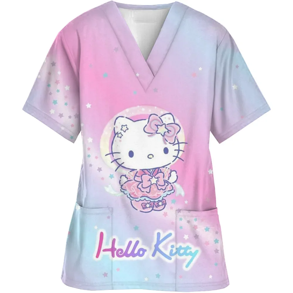 Uniforme da infermiera Donna Manica corta Hello Kitty Uniforme da lavoro Tasca Scrub Top Uniformi mediche con scollo a V infermieristiche Accessori