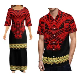 2024 High Quality Polynesian Matching Couple Suit Women'S Half Sleeve Dress Puletasi Dress Two-Piece 7xl With Men'S Shirt 9xl