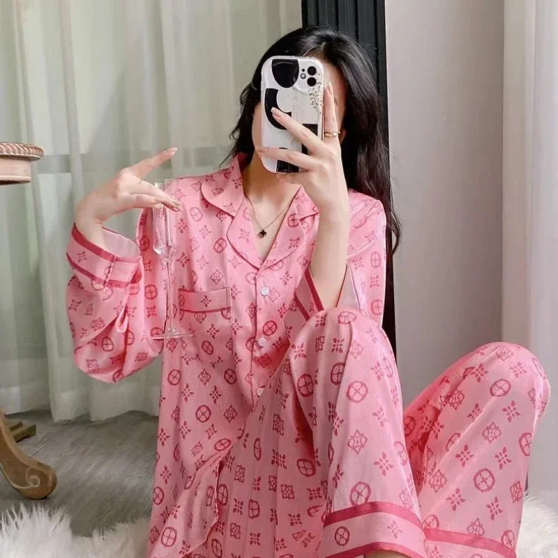 Pajamas Women\'s Clothing Suits Spring Thin Ice Silk Cardigan Home Soft Cozy Simple Relaxed Casual Skinny Warm Freshness Sweet