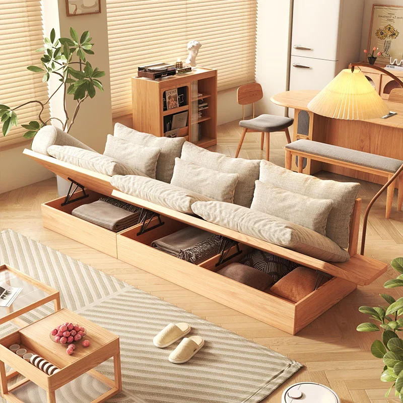 

Japanese-style floor-to-ceiling sofa solid wood living room 2024 new Nordic simple storage floor fabric log wabi sandy wind