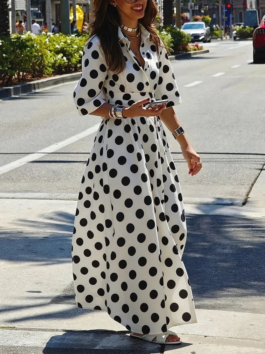 

Modigirl Women Polka Dot Lapel Shirt Maxi Dress Half Sleeves Buttoned High Waist A Line Casual Summer Outfits Long Summer Dress