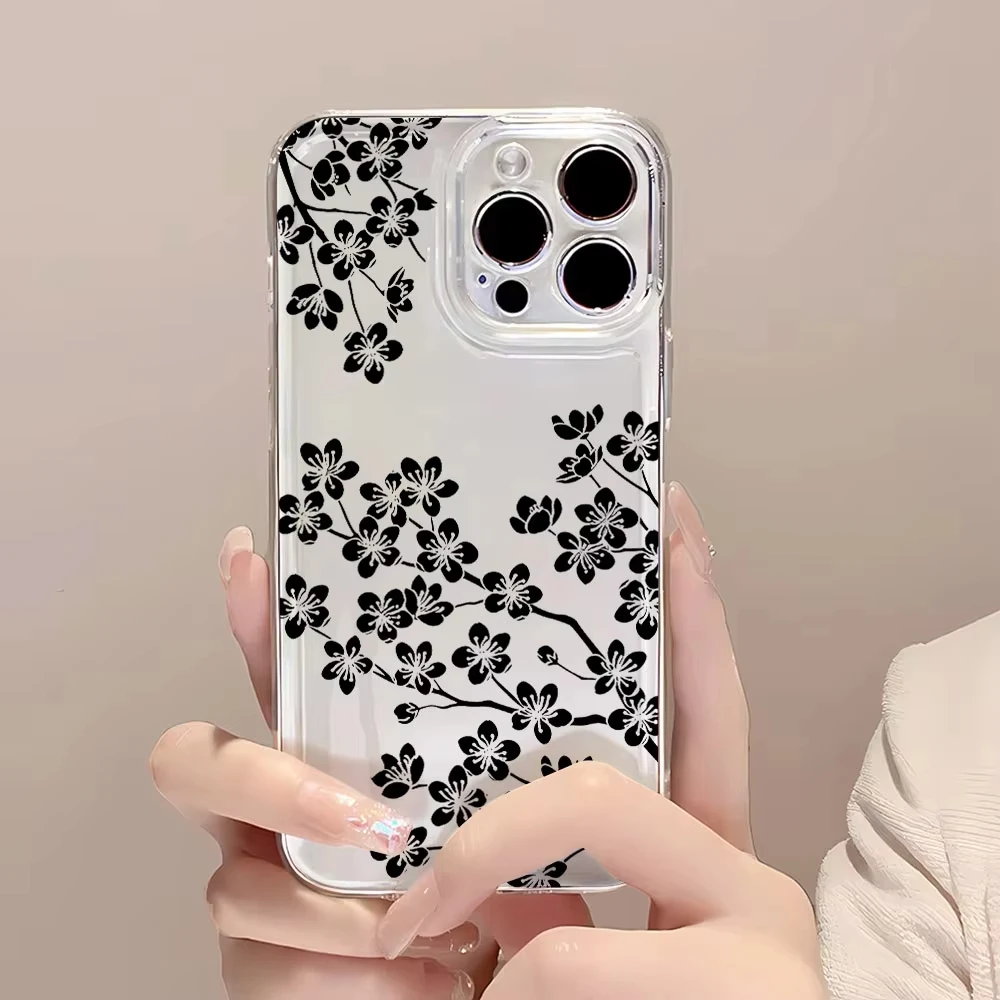 Phone Case For Xiaomi 15 Ultra 15 12T 13T 14T 15T 12 13 14 Pro 17 Pro Max MI 11 Lite Transparent Minimal Ink Black Floral Cover view 4