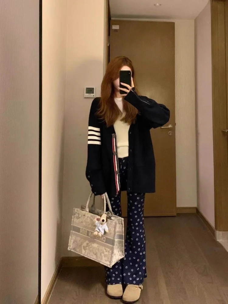 Korean Sle Early Autumn Aosphere Striped Color Blo Knitted Cardigan Women's Autumn Winter College Sle Sweater Jaet