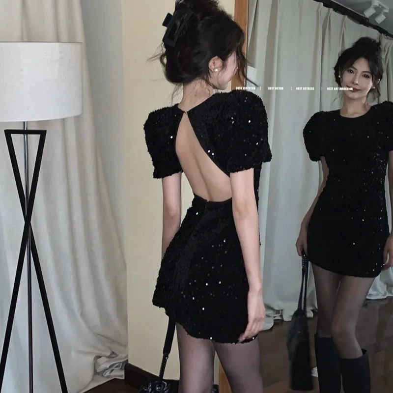 

Korean Fashion Retro Sequin Velvet Backless Dress 2024 Women's Summer New Waistband Slim Fit Short Dresses Female Clothing