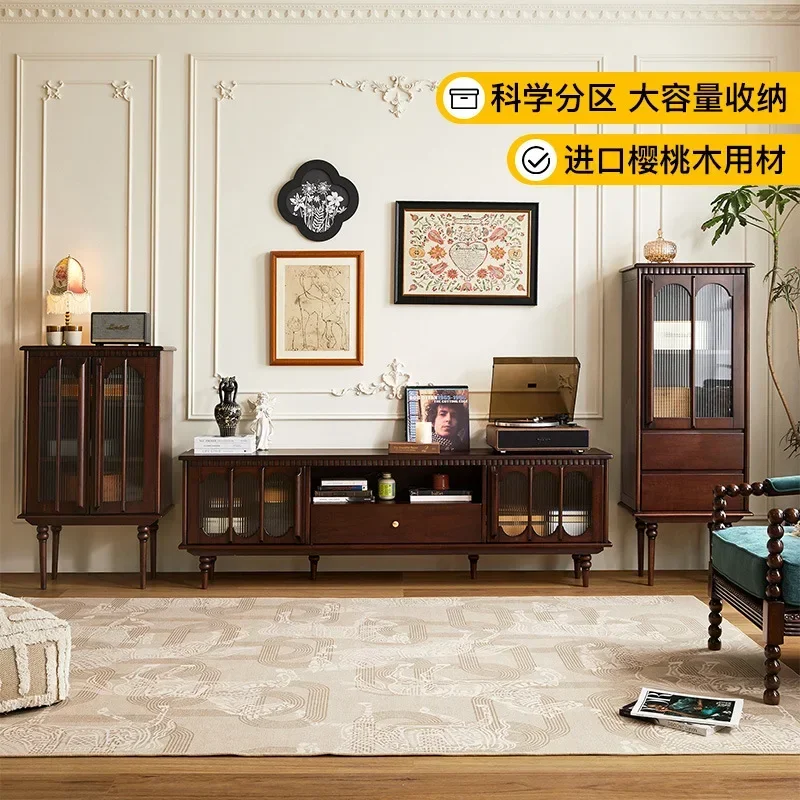 خزانة تلفزيون من الخشب الصلب، مجموعة طاولة القهوة، خزانة تخزين من خشب الكرز الأمريكي القديم #4