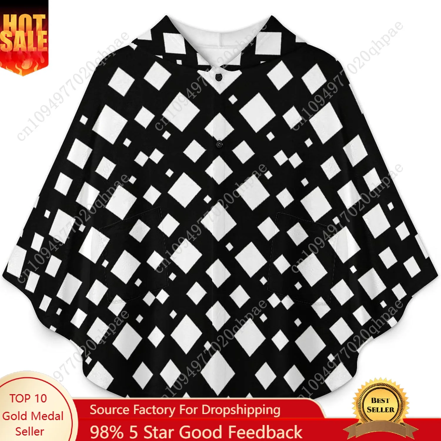 Уютный фланелевой свитер-одеяло, черно-белая квадратная толстовка с геометрическим рисунком и карманами для детей и подростков