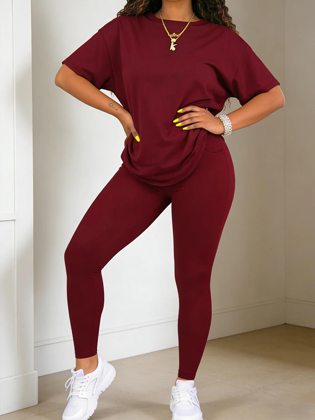 Modisches Rundhals-Kurzarm-Oberteil mit Eng Anliegender Langer Hose - Zweiteiliges Einfarbiges Damen-Set – Detail 8