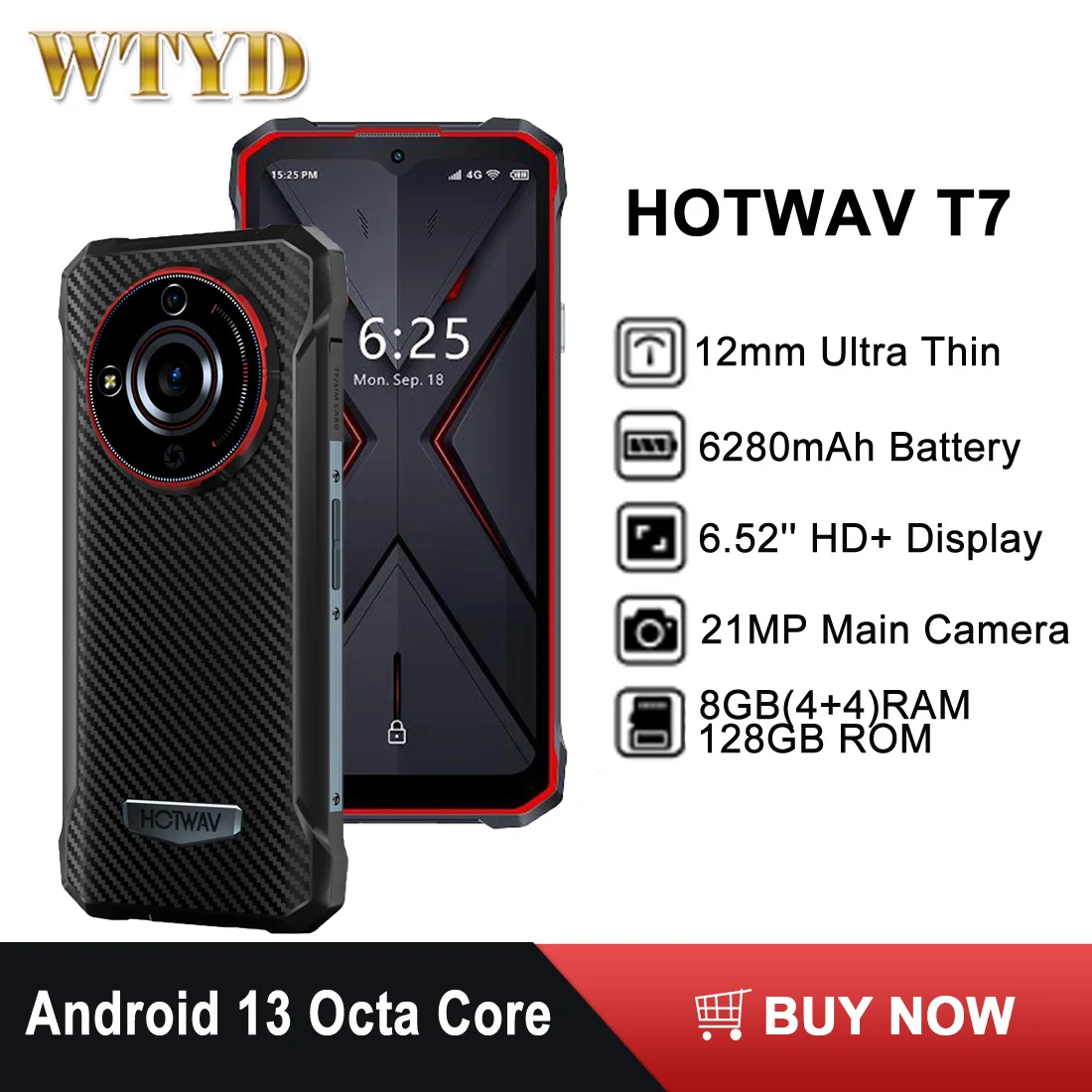 HOTWAV T7 Rugged Phone 4GB+128GB Ultra Thin 6.52'' HD+ Display 21MP Rear Camera Mobile Phone 6280mAh Android 13 4G Smartphone