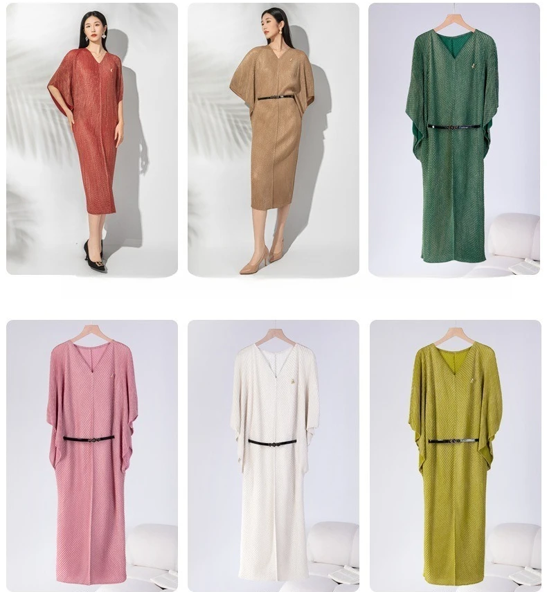 مياكي مطوي 2025 فستان فرنسي جديد المرأة بلون مقياس السمك مطوي الخفافيش كم الساخن الفضة الخامس الرقبة غمد منتصف طول تنورة #1