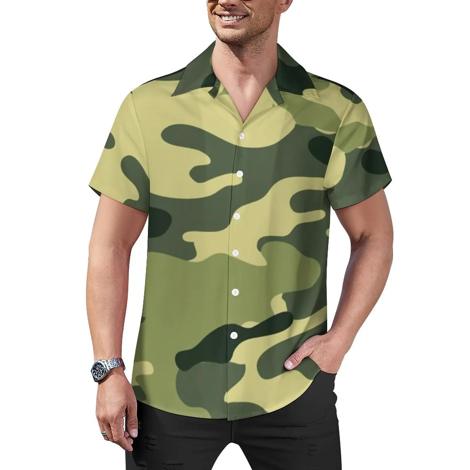 

Green Army Camo Loose Shirt Mens Vacation Camouflage Casual Shirts Hawaiian Graphic Short Sleeves Trendy Oversized Blouses