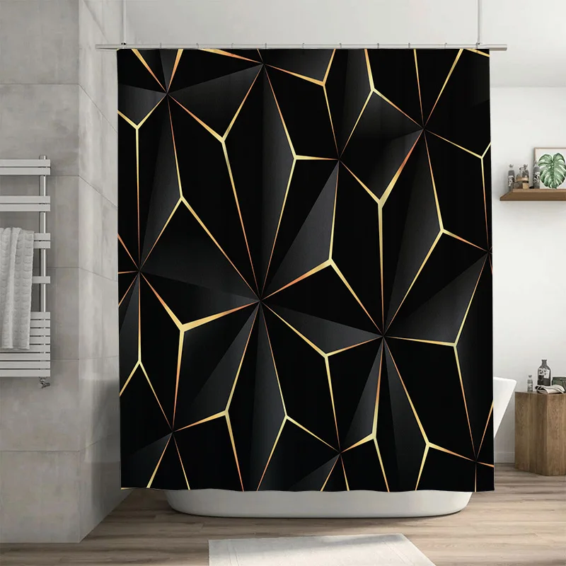 Luxury Gold Black Stripe Shower Curtain - Creative Linear Geometry Design - Indoor Home Bathroom Decor Artistic Bath Curtain