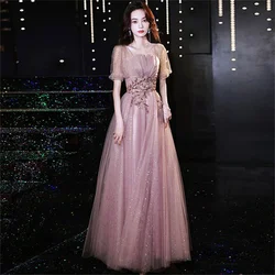 Dress Women Elegant Sequin Square Neck Solid Color Short Sleeve Mid-length A-line Skirt Spring Summer Female Clothing Pink 4XL