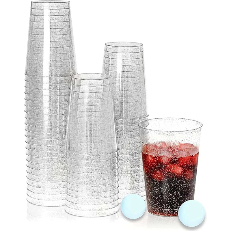 

200X Clear Plastic Cups,Silver Glitter Plastic Tumblers Reusable Drink Cups Party Wine Glasses