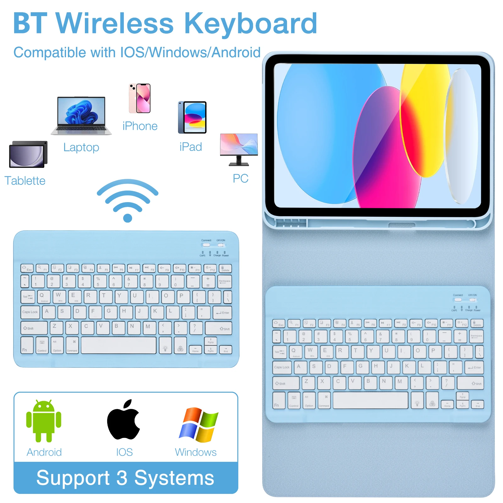 SK-1099D voor iPad (2025) / 10.9 (2022) tablethoes lederen hoes met BT-toetsenbord - hemelsblauw