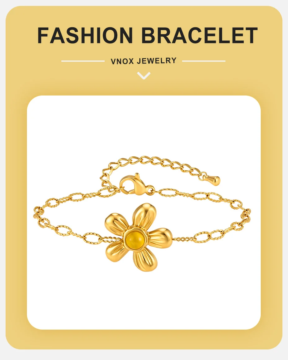 VNOX Minimalistisches 18K vergoldetes Blumenarmband für Frauen, trendiges gelbes Kristall-Blumenkettenarmband, Boho-Ästhetik-Schmuck – Detail 1
