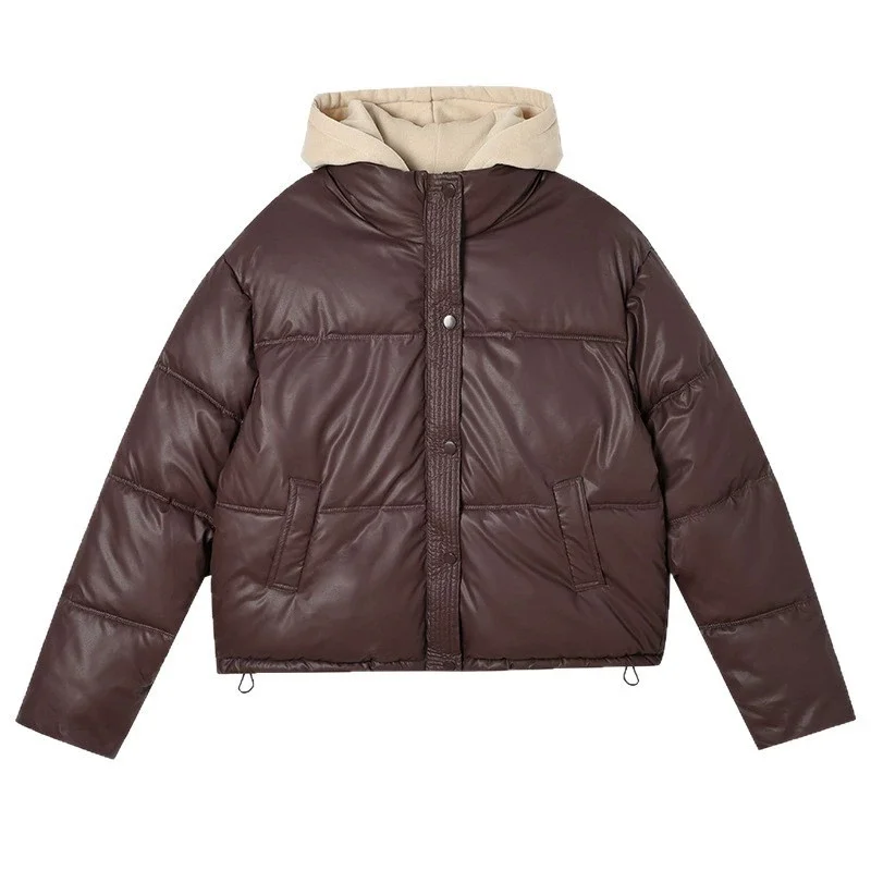 

2025 New Women Fake Two Piece Cotton Jacket Winter Parkas No Wash PU Down Cotton Jacket Short Thick Hooded Coat Female Outerwear