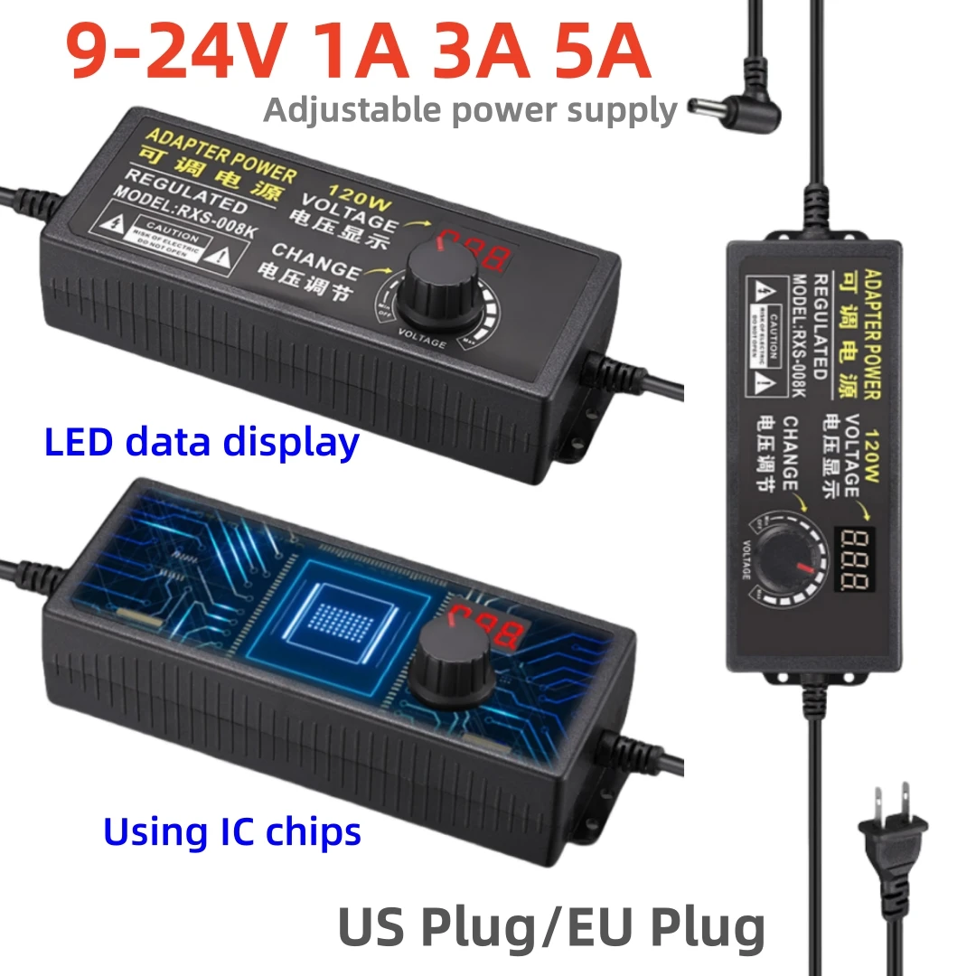 Adjustable Power Supply Adapter AC110-220V To DC9V 12V 24V 5A 3A Universal Adapter with Display Screen Voltage Regulated Switch