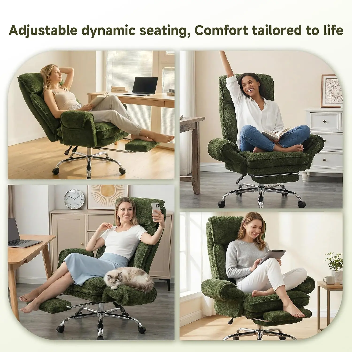 Cross Legged Office Chair Cloud Desk Chair Adjustable Armrests Headrest Cat Perch Wide FootRest Reclining Green, Customized