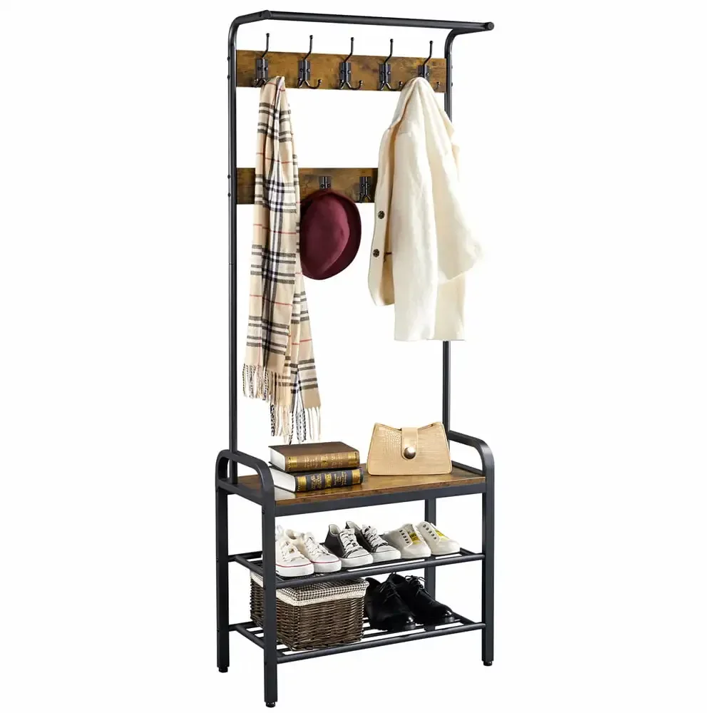 

72" Industrial Entryway Hall Tree with Bench and Storage, Rustic Brown Coat Rack Stand Clothing Rack Garment Rack