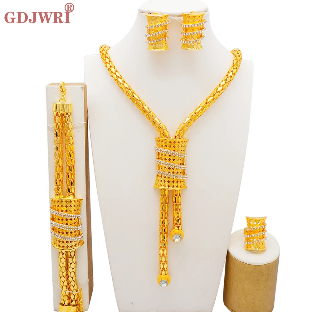 

Dubai Jewelry Sets For Women Crystal Long Necklace Bridal Wedding Party Gift Necklace Earrings Bracelet Ring Jewelry Set