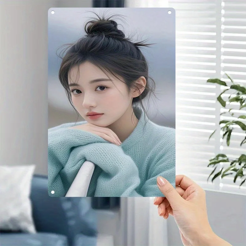 

Rustic Retro Advertising Sign for Home Decor，2D Flat, Metal Sign Plate - Elegant Female Portrait Poster with Expressive Eyes, Du