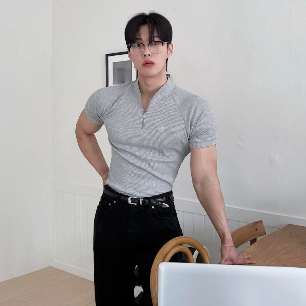 2026 Summer Men Textured Embroidery Half Zip Short Sleeve T Shirt Slim Fit Casual Korean Mature Style Gym Sports Short Top Daily