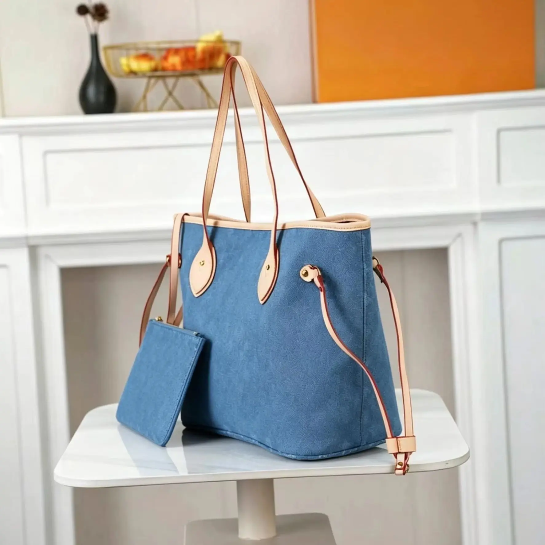 Washed Blue Denim Large Tote Bag, Leather Trim Top Handles Matching Detachable Mini Zipper Pouch Drawstring Side Shopper Purse.