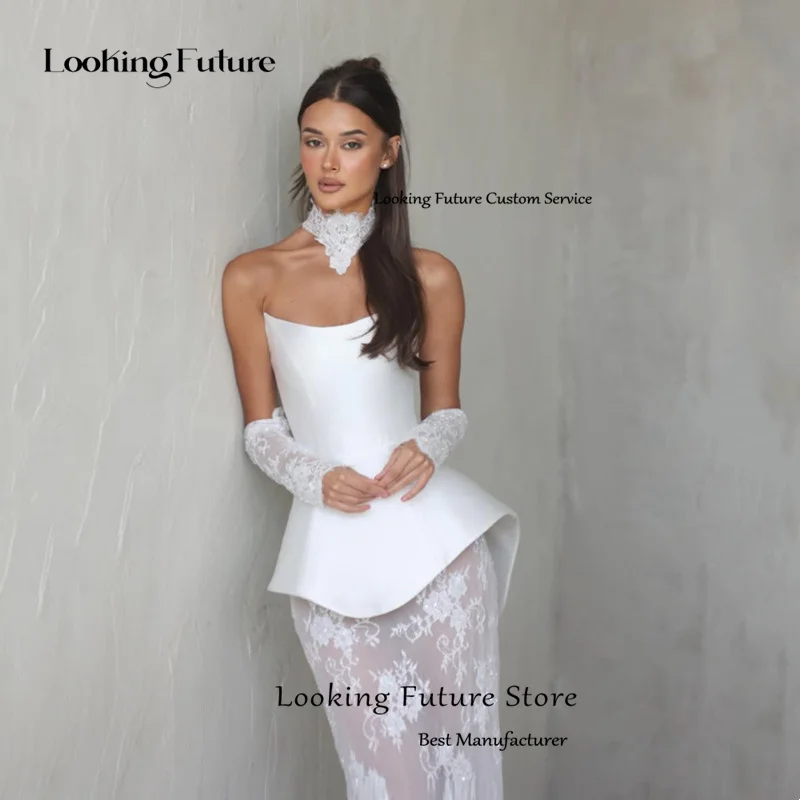 Vintage Lace Satin Mermaid Long Wedding Dress Sexy Strapless Formal Sleeveless Pleated Open Back Illusion White Grown Customized