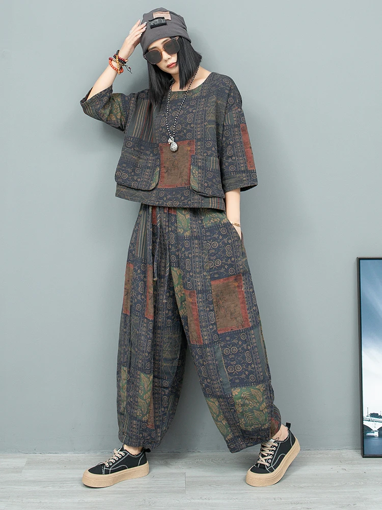 Ethnic Style Women Retro Literary Print Big Pocket Three-quarter Sleeve Pullover Top Elastic Waist Wide Leg Pants Two-piece Set