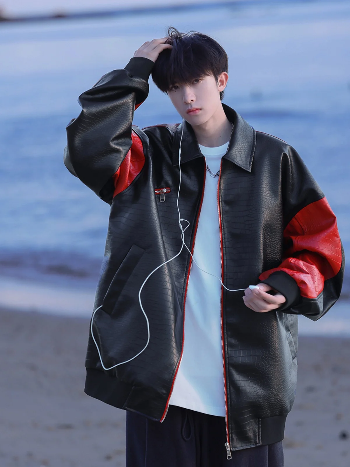 

Retro Trendy Men's Crocodile PU Leather Jaet Spring Autumn Season y Sle Versatile Zipper Closure Long Sve Coat