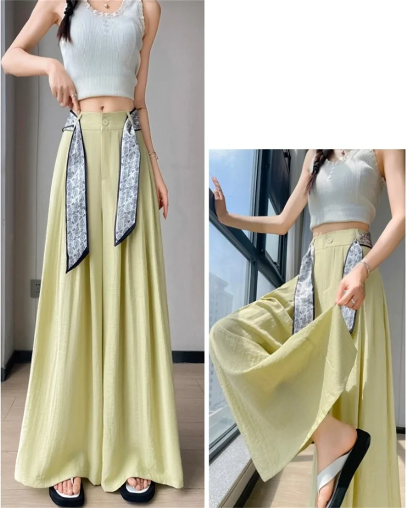 Elegant Wide Leg Trouser Women Pants Srring Summer High Waist Loose Fit Straight Pants Printing Lace-up Long Women Pants