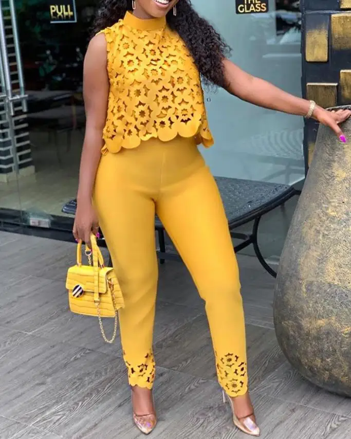 

Tow Piece Set for Women Outfit 2023 Summer Fashion Casual High Neck Sleeveless Lace Hollow Out Top & Lady Skinny Pants Set