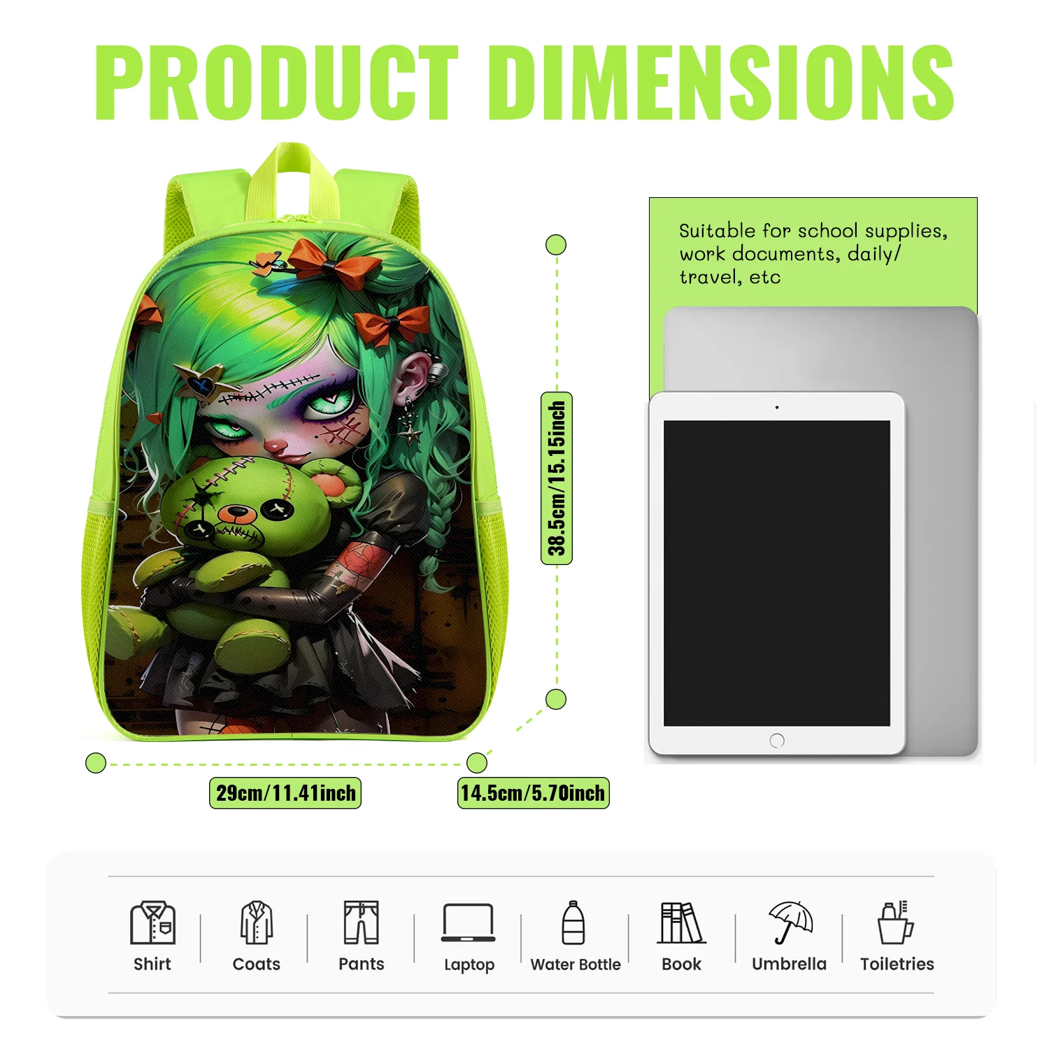 Spooky Green Gothic Doll Backpack Lightweight School Bookbag with Bear Bow Stitch Print Adjustable Padded Straps